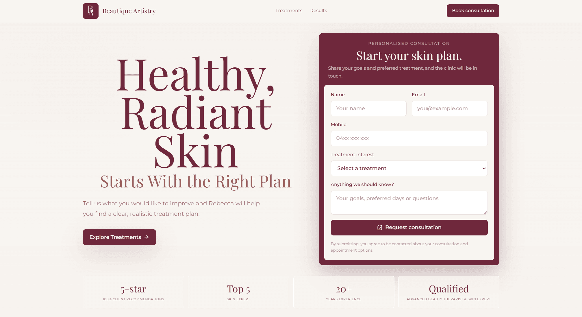 Beautique Artistry beauty and skin consultation website homepage
