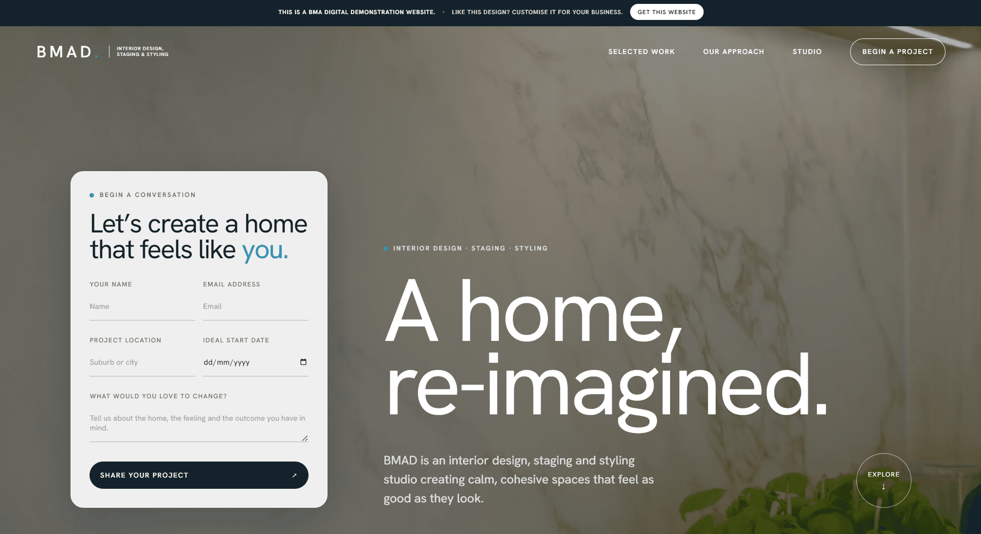 Homepage of the BMA Digital interior design, staging and styling website demo