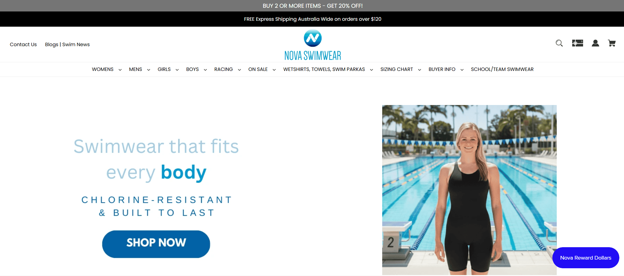 Nova Swimwear chlorine-resistant swimwear ecommerce website homepage