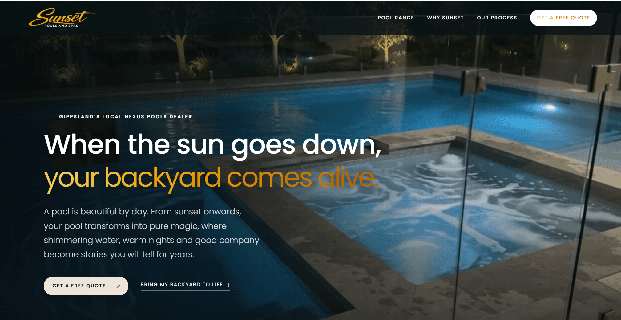 Sunset Pools and Spas website homepage featuring an illuminated swimming pool at night