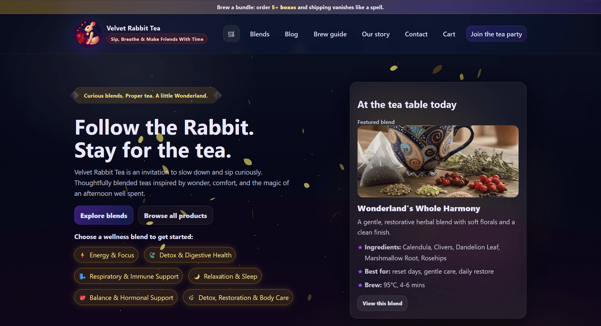 Velvet Rabbit Tea story-led e-commerce website with guided tea discovery